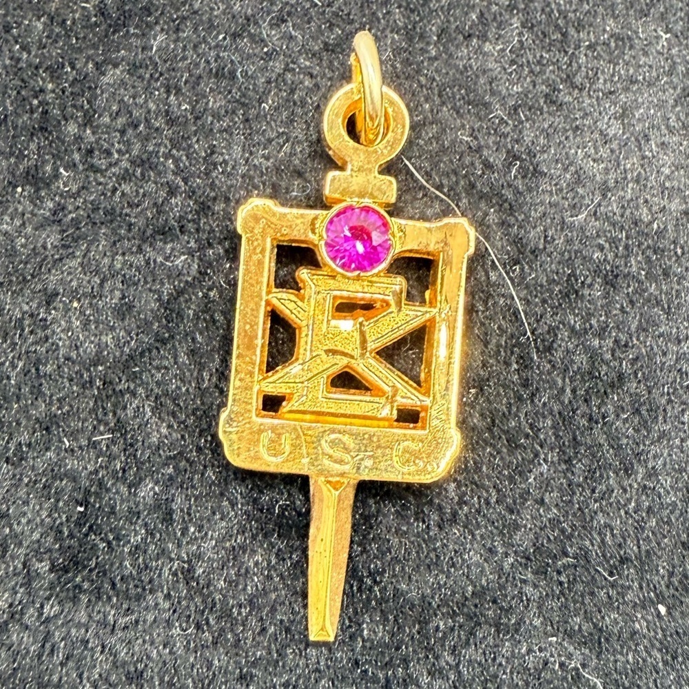 Vintage USC Fraternity Key Pendant Charm – Gold-Tone w/ Pink Stone